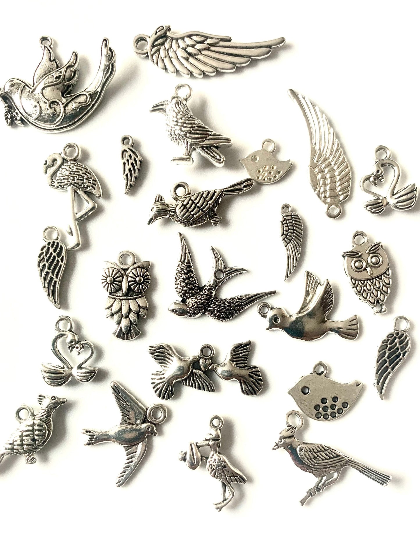 Bird charm mix, wings and feather charms lot feathered friend charm mix assorted  mixed lot of mixed sizes and styles bird cages