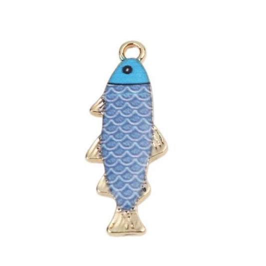 Fish charm, enamel  patterned fish, blue design gold plated charm for pendants or bracelets fishing charm