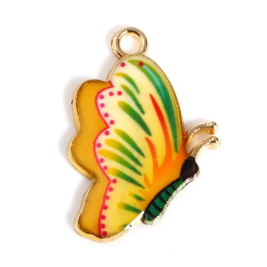 Yellow Butterfly charm, orange and green patterned butterfly, gold plated charm