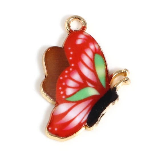 Red Butterfly charm. enamel with green and white detailed pattern, gold plated charm