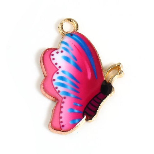 Hot pink butterfly charm, enamel with blue details, gold plated pendant charm