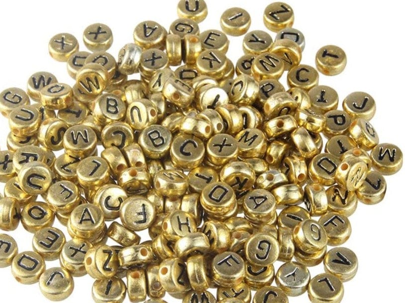 Gold alphabet bead RUSTIC DARK gold with BLACK letter imprint metallic letter , Round Acrylic 7mm letter beads