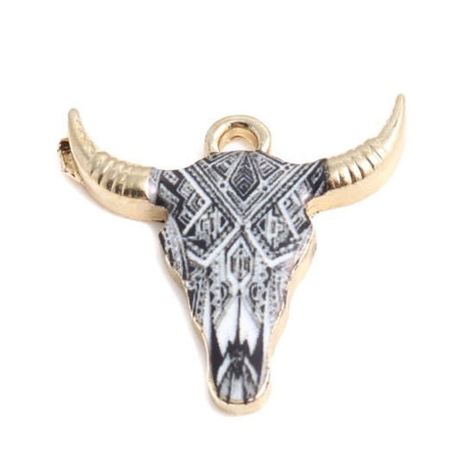 Cow head charm, enamel cow charms,  patterned cow head with gold plated backs, white and black pattern