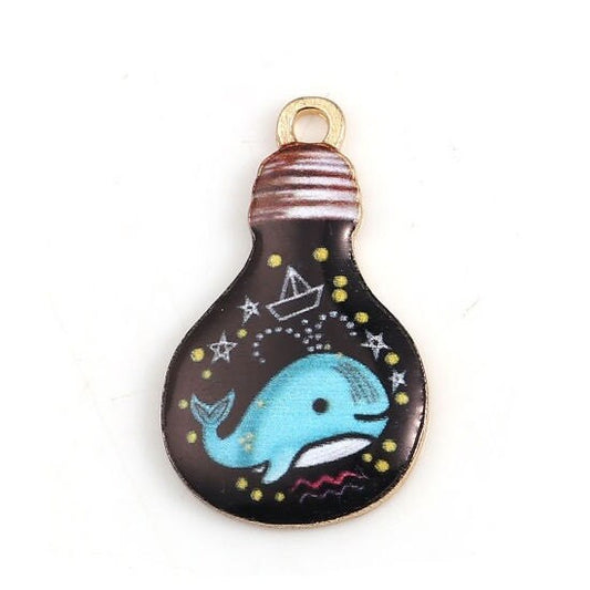 Blue whale with black bulb charm goldfish in lightbulb bowl charm fish in fishbowl charm lot blue bowl fish charm blue enamel charm