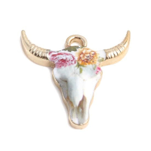 Cow head charm, enamel cow charms,  patterned cow head with gold plated backs, pink and yellow rose pattern