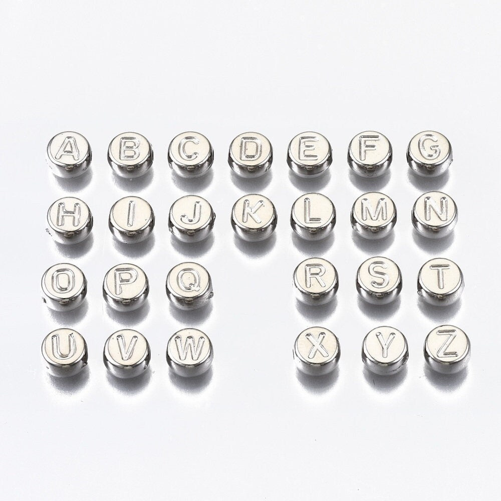 Silver alphabet bead, platinum acrylic,  imprint letter Round 7mm bead platinum tone dark silver lightweight bead (no letter color print)