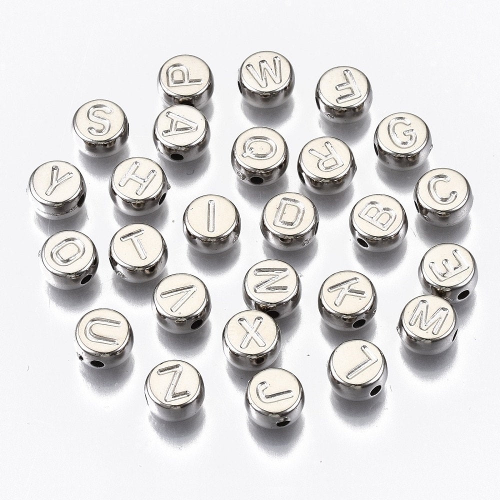 Silver alphabet bead, platinum acrylic,  imprint letter Round 7mm bead platinum tone dark silver lightweight bead (no letter color print)