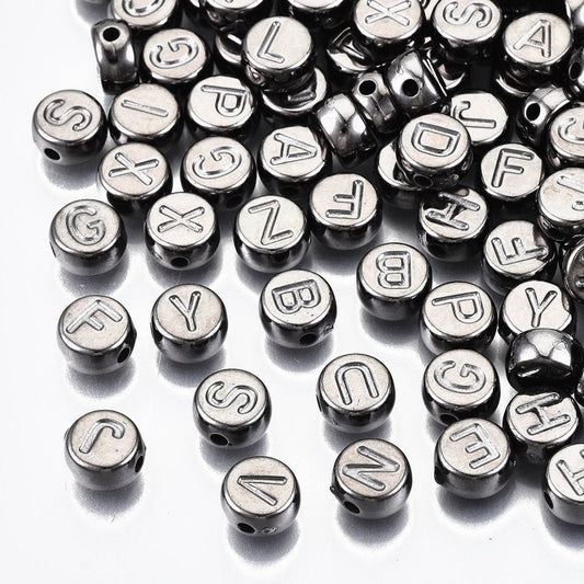 Gunmetal gray alphabet bead acrylic beads imprint letter Beads Round 7mm bead , pick letter or bulk, no color imprint on letters