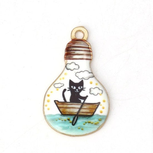 Black cat in a boat charm bulb enamel charm pendant enamel cat black and white gold alloy back rowboat charm