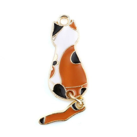 Orange Cat with moveable tail dangle charm , enamel cat white and orange with black spot cat  and gold plated back