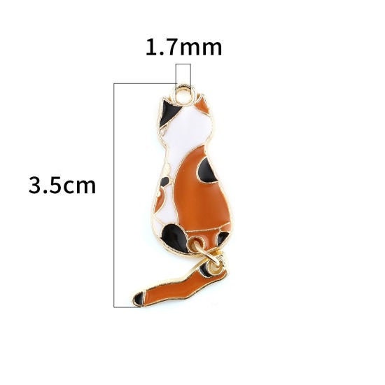 Purple Cat with moveable tail dangle charm , enamel cat white with purple spots  with gold plated back