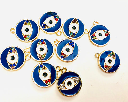 Evil eye charms, dark blue enamel protector eye, assorted color tiny rhinestones in eyes in assorted colors with gold back