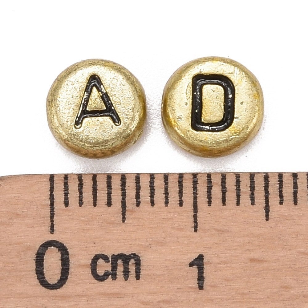 Gold alphabet bead RUSTIC DARK gold with BLACK letter imprint metallic letter , Round Acrylic 7mm letter beads