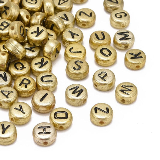 Gold alphabet bead RUSTIC DARK gold with BLACK letter imprint metallic letter , Round Acrylic 7mm letter beads