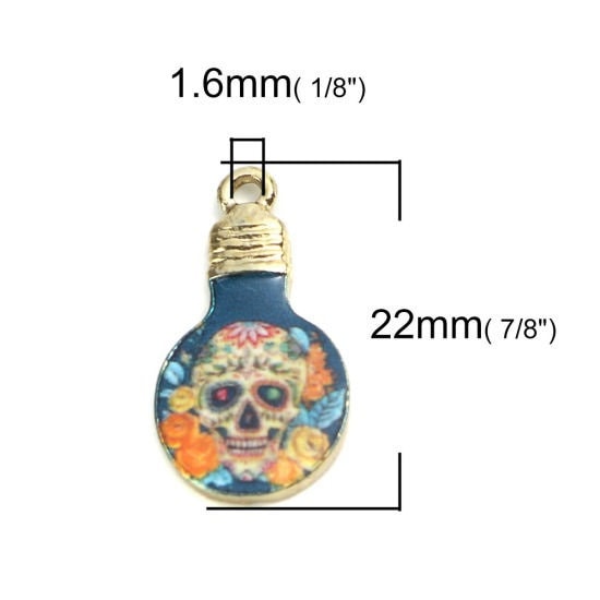 Skull light bulb charm,  blue enamel with flowers gold plated charm charm