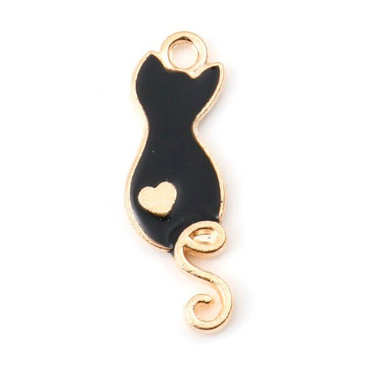 Cat charm outline, enamel cat  with gold plated backs and curly tail  and heart on cat butt, halloween black cat