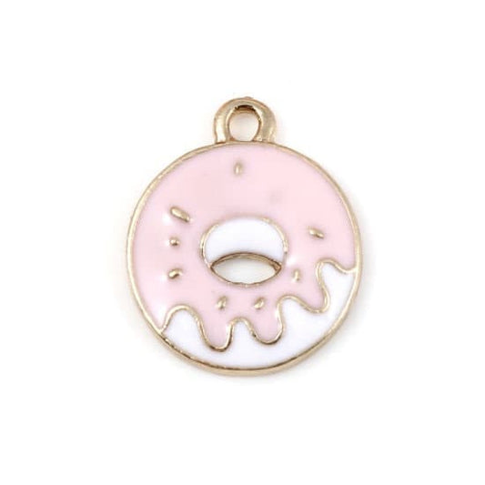 Donut charm white and pink icing doughnut charm enamel charm glazed donut iced with gold alloy trim