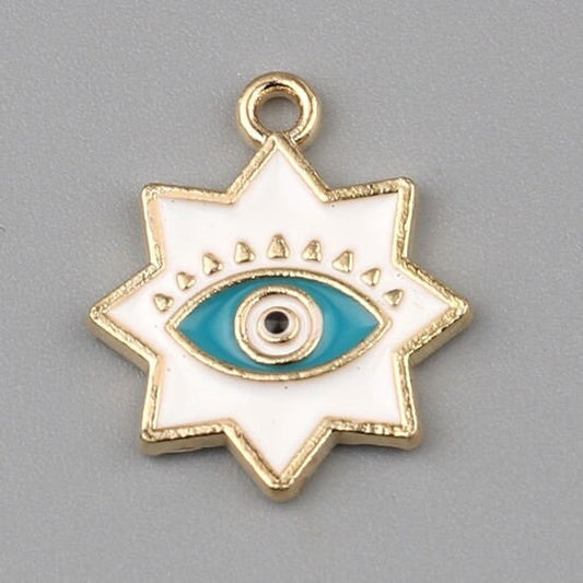 Star Evil eye charm, white enamel with blue eye  charms , gold back pendant charms