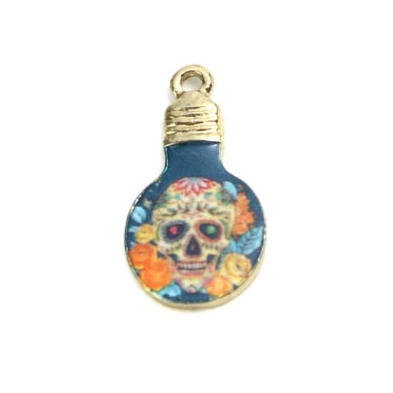 Skull light bulb charm,  blue enamel with flowers gold plated charm charm