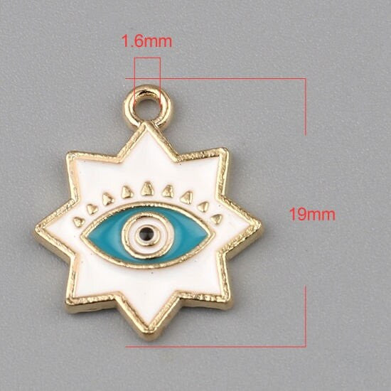 Star Evil eye charm, white enamel with blue eye  charms , gold back pendant charms