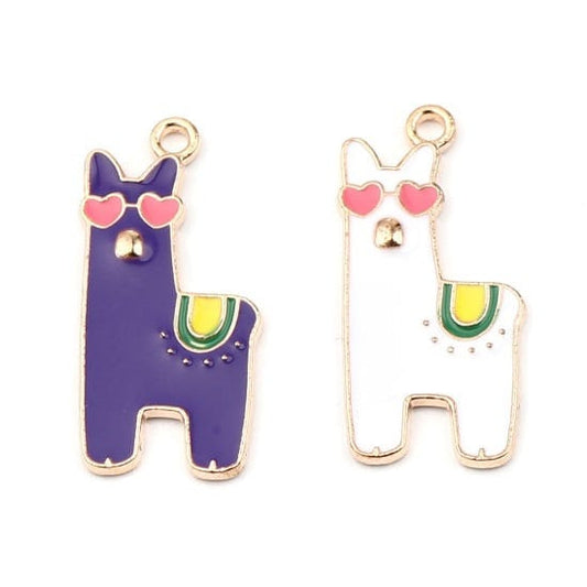 Llama charm , enamel animals,  with heart eyes love charm gold backed white or purple alpaca charm