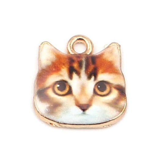 Cat head charm, enamel cat charm, orange cat with gold eyes