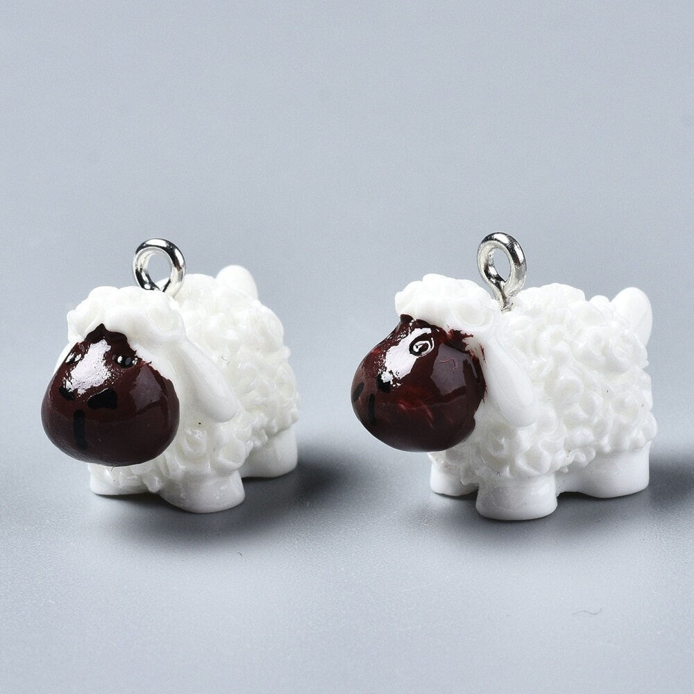 White sheep charm resin pendant charm farm sheep flat bottom 3D charm white sheep with brown faces