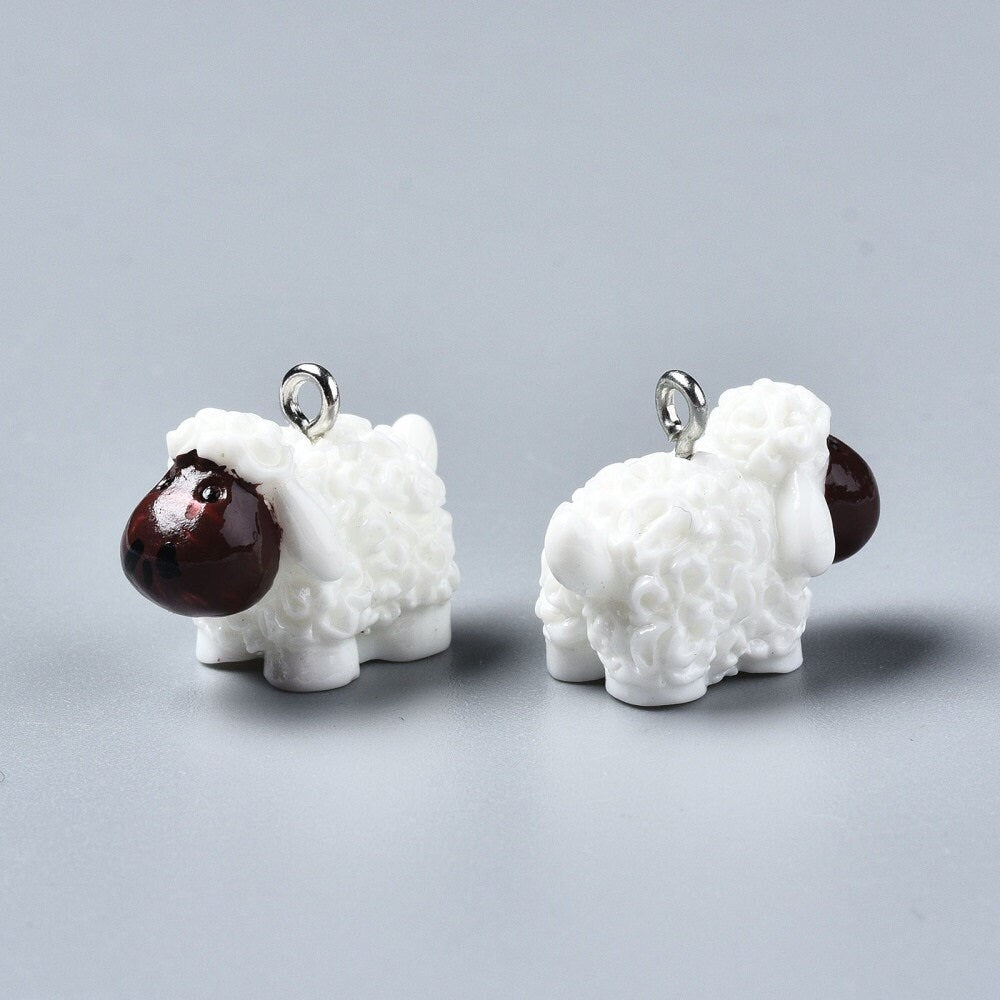 White sheep charm resin pendant charm farm sheep flat bottom 3D charm white sheep with brown faces