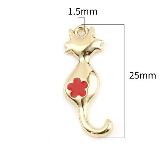 Gold cat charm, gold plated charm with red flower on cat butt curved tail charm