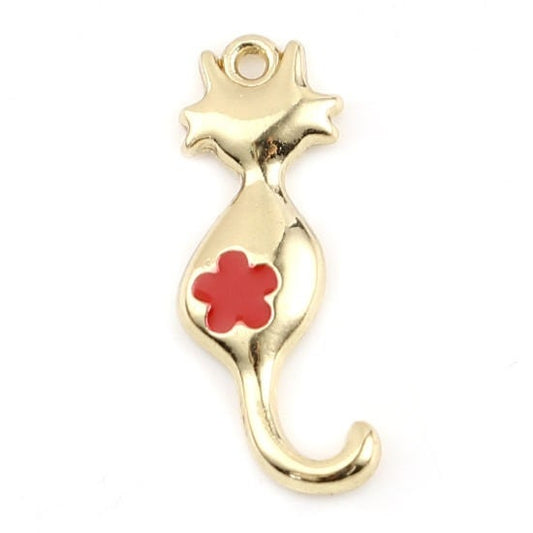 Gold cat charm, gold plated charm with red flower on cat butt curved tail charm