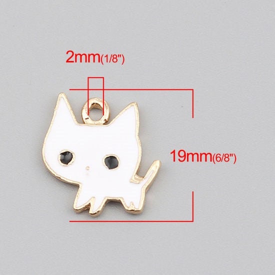 white cat charm, enamel pendant charm, big head kitten, gold backed charms