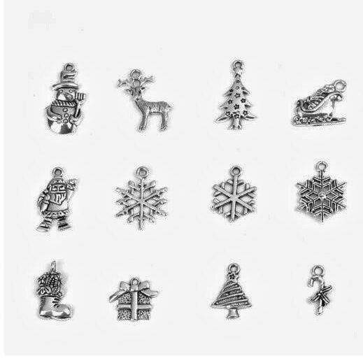 Christmas charm lot mixed assortment silver or mixed color gift, snowflakes, candy cane, christmas tree, stocking, snowman charms