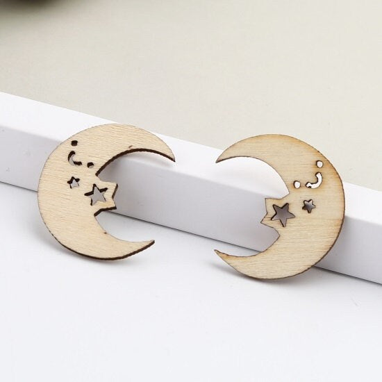 Wooden moon cut out,  unfinished DIY wood to paint natural wood cabochon charm