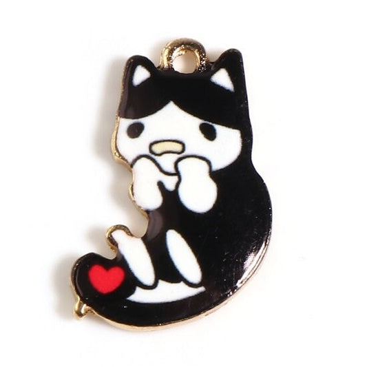 Cat charm, enamel pendant charm, Black and white cat with red heart, gold back