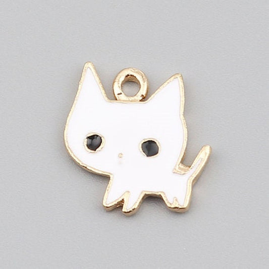 white cat charm, enamel pendant charm, big head kitten, gold backed charms