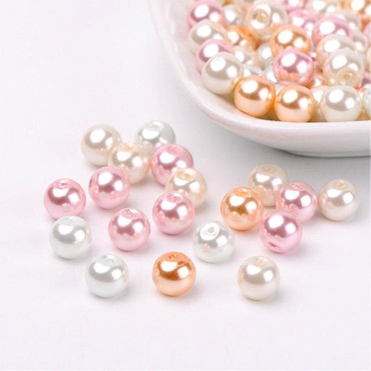 Pastel Glass pearl beads, 8mm pearlized glass beads pale pink white cream peach variety mix of shades mix colored beads