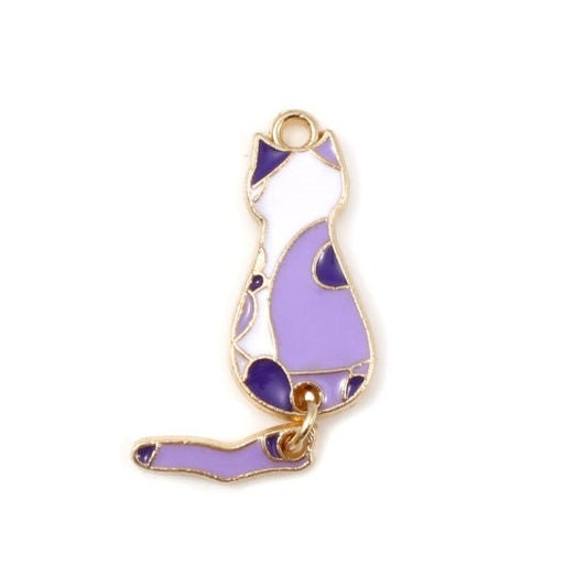 Purple Cat with moveable tail dangle charm , enamel cat white with purple spots  with gold plated back