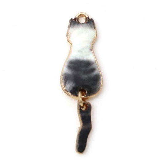 Black and white striped Cat with moveable tail dangle charm, enamel cat chamr, white  and black  with gold plated back