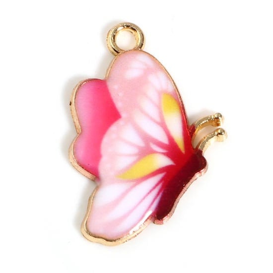 Pink butterfly charm, enamel pale pink charm with yellow details, gold plated charm