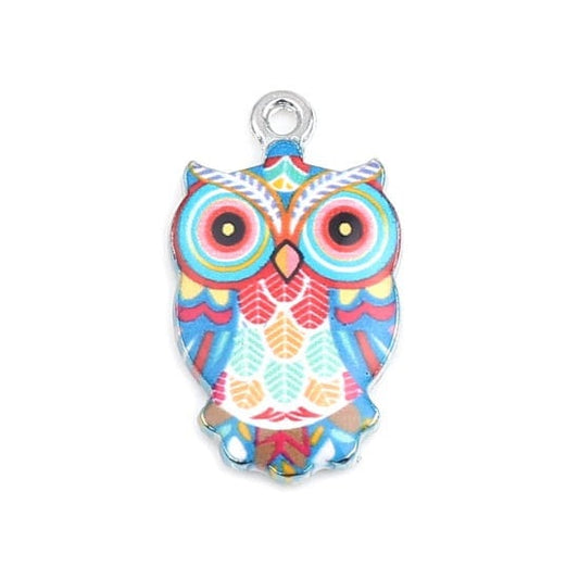 Owl charms. Blue Owl enamel with patterned wings,  silver back charm for pendants and bracelets