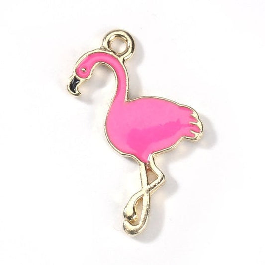 Pink flamingo charms, enamel charm gold plated back, large pendant charm