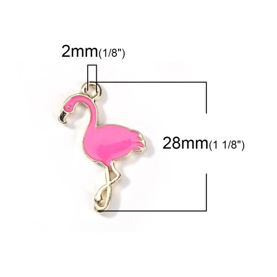 Pink flamingo charms, enamel charm gold plated back, large pendant charm