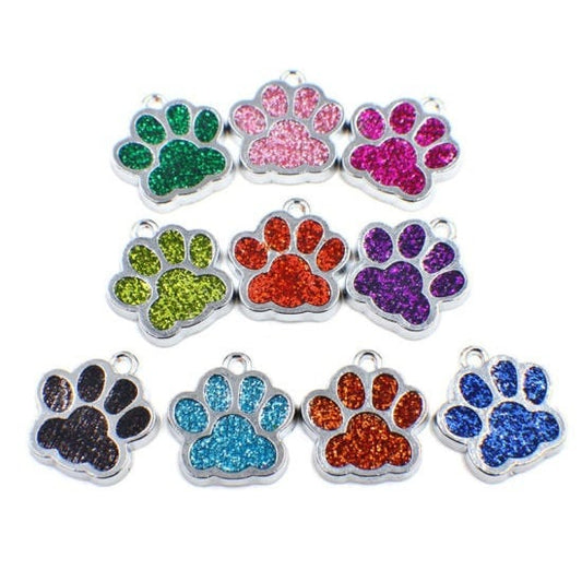 Paw print silver charms with glitter centers assorted colors large charms 16mm with bright silver backs black blue red yellow pink green