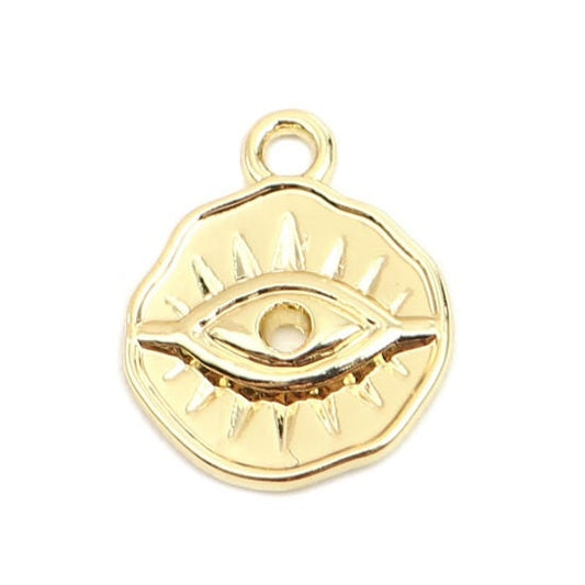 Gold Evil eye charm raised surface charm with pattern all in gold plated