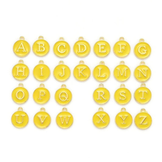 Letter charm set, Yellow enamel alphabet charm, set of 26 pendant letter charms,  double sided 14mm gold plated charm