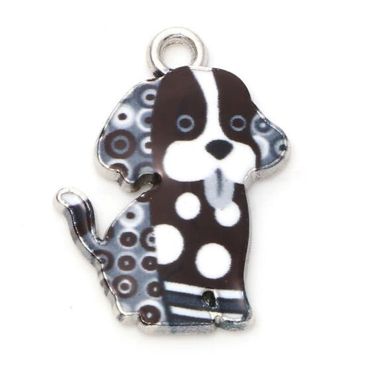 Black dog with spots, enamel charm with white and gray spots , amimal theme charm silver back