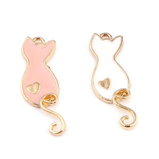 Cat charm outline, enamel cat  with gold plated backs and curly tail  and heart on cat butt white and pink cat