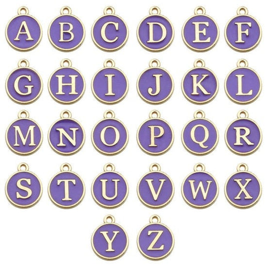 Letter charm set, Enamel purple alpahebet charms,  full set of 26 charms (12mm) , double sided gold plated