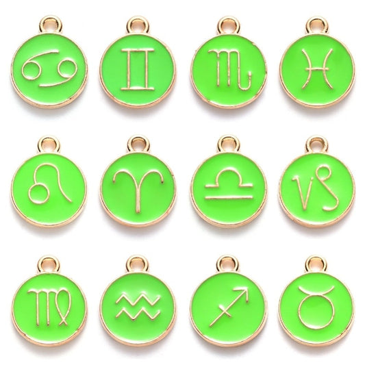 Zodiac Enamel bright green charm set, 12 double-sided charm with two different images on each side