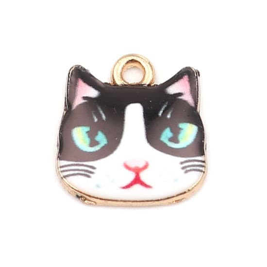 Cat head charm, enamel cat charm, angry face black and white cat with green eyes